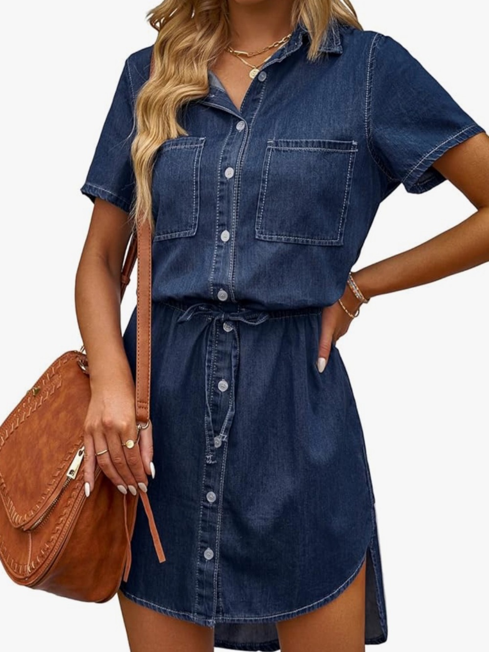 NEW Women Casual Denim Dress Short Sleeve Tie Waist Classic Jean Shirt Dress